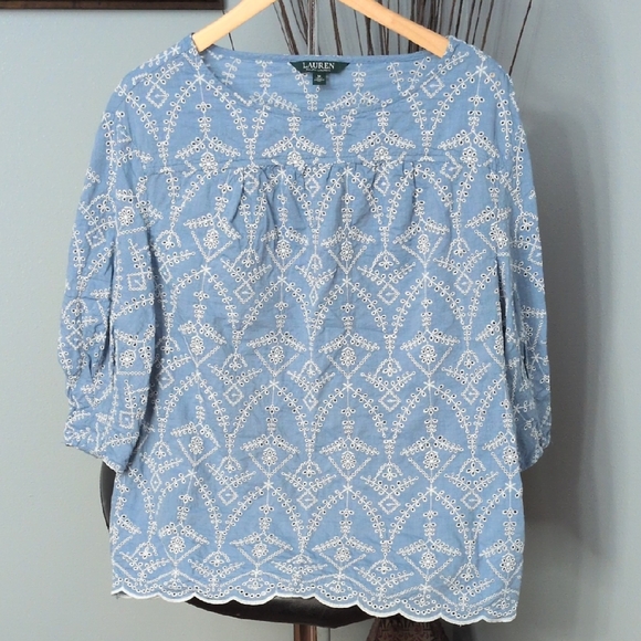 Ralph Lauren Tops - Ralph Lauren Blue and White Patterned Blouse
